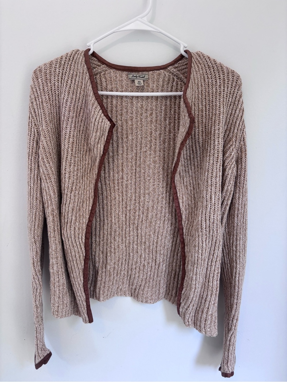 Lucky Brand Tan Open-Front Knit Cardigan with Rust Trim